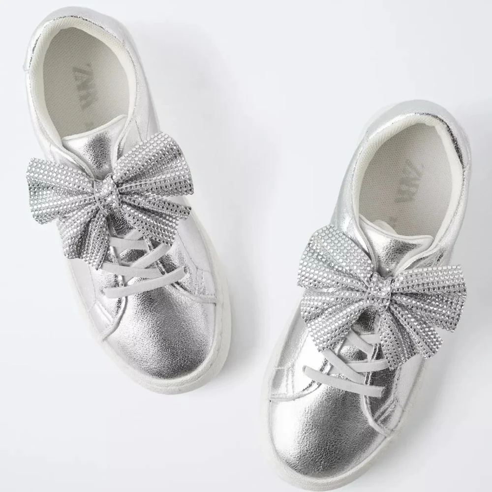 Zara Metallic Silver Kids Sneakers with Rhinestone Bow - Picture 2 of 4